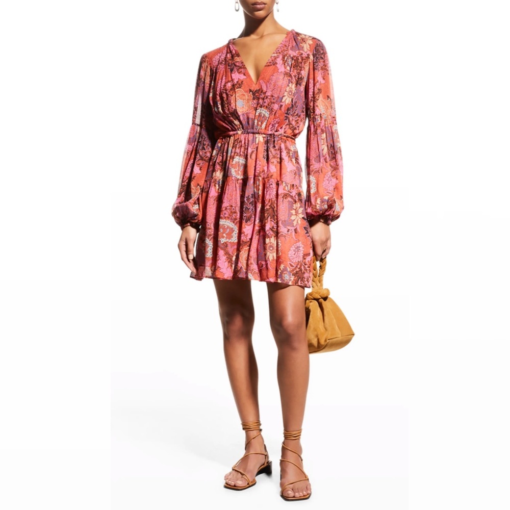 NWT A.L.C ALC pink purple printed tiered long sleeve v-neck mini dress